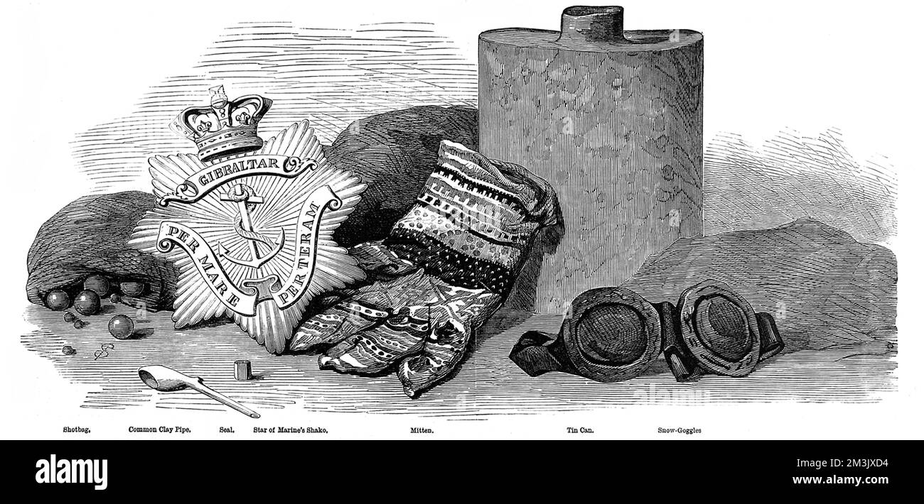 Relics of Sir John Franklin's ill-fated Arctic expedition of 1845, which were found by Francis Leopold McClintock in 1859. The items shown are (left to right): bag of shot, clay pipe, Star from a Marine's shako, mitten, tin can and snow goggles.  In 1845 the British Admiralty sent two polar exploration ships, HMS 'Erebus' and HMS 'Terror', to look for the Northwest passage round the northern coast of Canada. The expedition, commanded by Sir John Franklin, disappeared from view late in 1845 and none of the men were ever seen again.   In fact the ships made it to the King William Island re Stock Photo