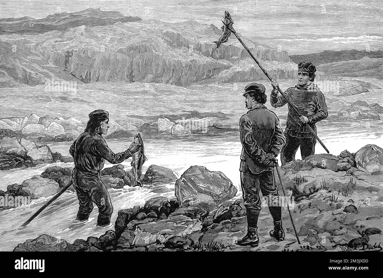 Members of the American Franklin Search Expedition of 1878-1880, catching fish in the salmon creek. This expedition was one of many to search the Arctic for signs of Sir John Franklin's ill-fated Arctic expedition of 1845.  In 1845 the British Admiralty sent two polar exploration ships, HMS 'Erebus' and HMS 'Terror', to look for the Northwest passage round the northern coast of Canada. The expedition, commanded by Sir John Franklin, disappeared from view late in 1845 and none of the men were ever seen again.   In fact the ships made it to the King William Island region, then got stuck in the i Stock Photo