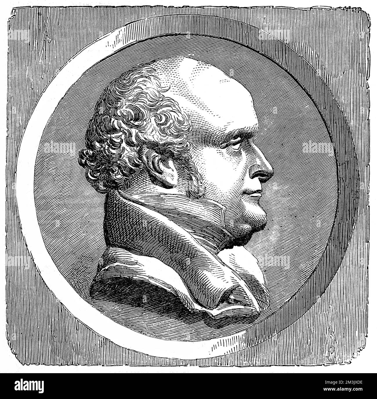 Sir John Franklin (1786 - 1847), English naval commander and explorer, who led the ill-fated Arctic expedition of 1845. The metallic portrait was made by M. David.  In 1845 the British Admiralty sent two polar exploration ships, HMS 'Erebus' and HMS 'Terror', to look for the Northwest passage round the northern coast of Canada. The expedition, commanded by Sir John Franklin, disappeared from view late in 1845 and none of the men were ever seen again.   In fact the ships made it to the King William Island region, then got stuck in the ice. With supplies running out the surviving crew abando Stock Photo
