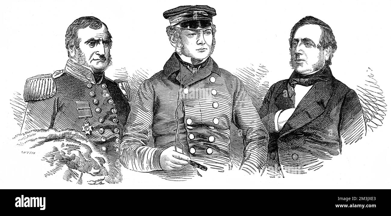 Captain Kellett of HMS 'Resolute', Captain Sir Edward Belcher, and Captain Pullen of HMS 'North Star', pictured shortly before they sailed for the Arctic to search for Sir John Franklin, 1852.  In 1845 the British Admiralty sent two polar exploration ships, HMS 'Erebus' and HMS 'Terror', to look for the Northwest passage round the northern coast of Canada. The expedition, commanded by Sir John Franklin, disappeared from view late in 1845 and none of the men were ever seen again.   In fact the ships made it to the King William Island region, then got stuck in the ice. With supplies runn Stock Photo