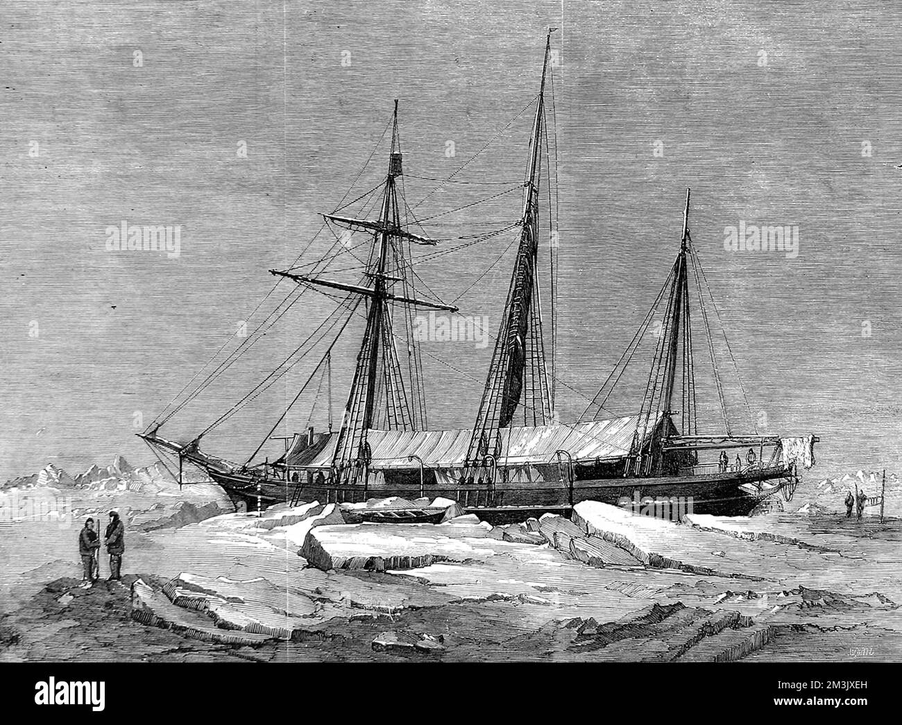 The yacht 'Fox' wintering in the ice pack, 1859. The 'Fox', commanded by Captain F.L. McClintock, went to the Arctic region in search of Sir John Franklin's ill-fated Arctic expedition of 1845.   In 1845 the British Admiralty sent two polar exploration ships, HMS 'Erebus' and HMS 'Terror', to look for the Northwest passage round the northern coast of Canada. The expedition, commanded by Sir John Franklin, disappeared from view late in 1845 and none of the men were ever seen again.   In fact the ships made it to the King William Island region, then got stuck in the ice. With supplies r Stock Photo