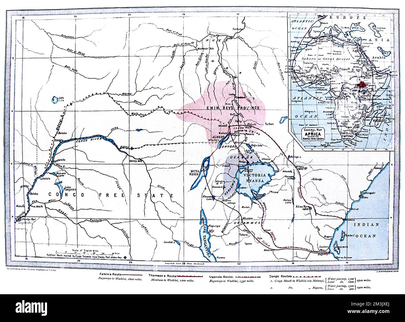 Map of Central Africa showing the likely routes of the Emin Stock Photo