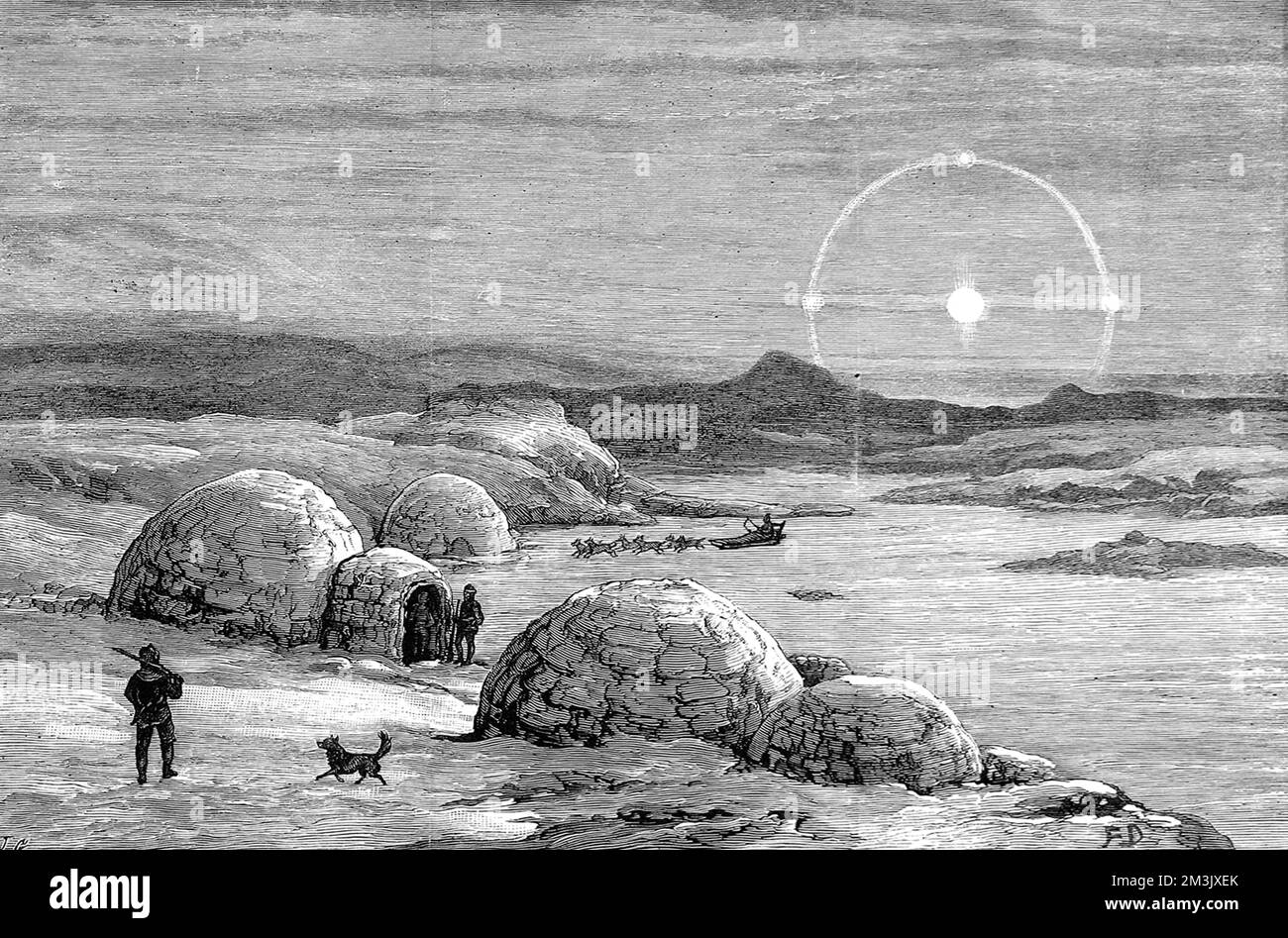 The igloos on Lake Daly of the American Franklin Search Expedition of 1878-1880. This expedition was one of many to search the Arctic for signs of Sir John Franklin's ill-fated Arctic expedition of 1845.  In 1845 the British Admiralty sent two polar exploration ships, HMS 'Erebus' and HMS 'Terror', to look for the Northwest passage round the northern coast of Canada. The expedition, commanded by Sir John Franklin, disappeared from view late in 1845 and none of the men were ever seen again.   In fact the ships made it to the King William Island region, then got stuck in the ice. With supplies r Stock Photo