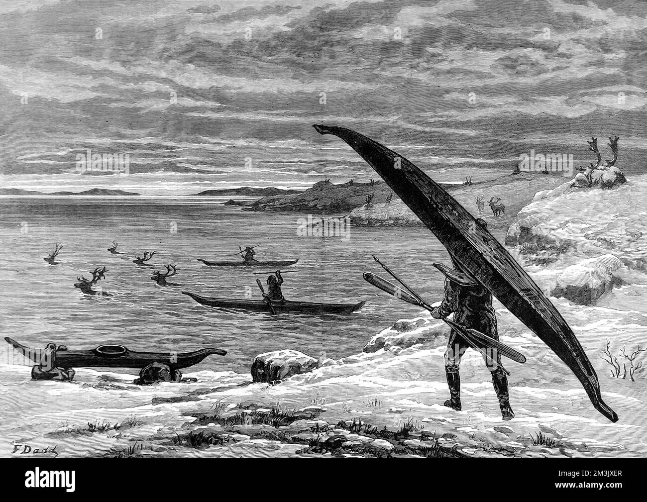 A hunting party of the American Franklin Search Expedition of 1878-1880, using kayaks to hunt reindeer. This expedition was one of many to search the Arctic for signs of Sir John Franklin's ill-fated Arctic expedition of 1845.  In 1845 the British Admiralty sent two polar exploration ships, HMS 'Erebus' and HMS 'Terror', to look for the Northwest passage round the northern coast of Canada. The expedition, commanded by Sir John Franklin, disappeared from view late in 1845 and none of the men were ever seen again.   In fact the ships made it to the King William Island region, then got stuck in t Stock Photo