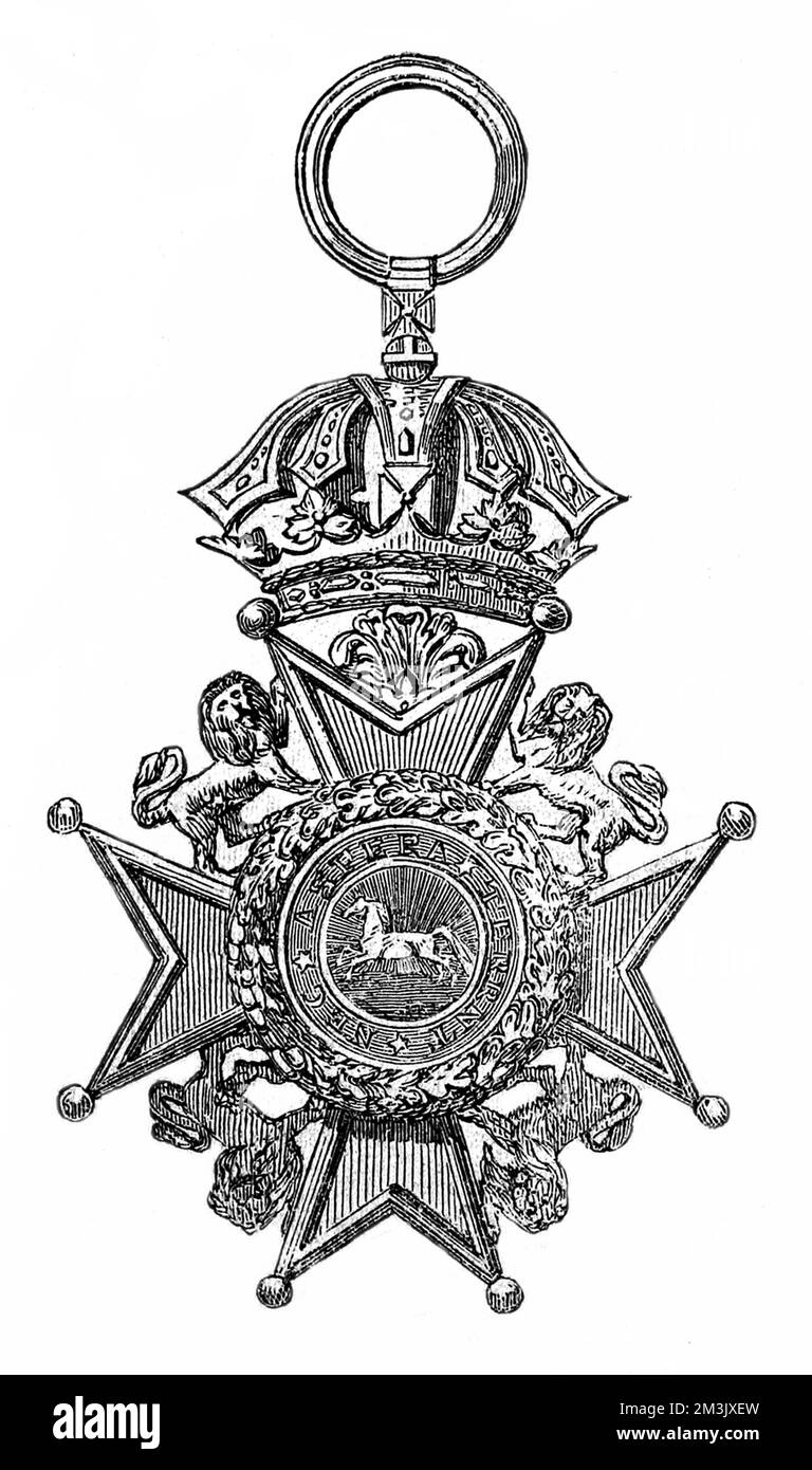 The front of Sir John Franklin's Guelphic Badge, worn by Franklin on his ill-fated Arctic expedition of 1845 and later found by Francis Leopold McClintock in 1859.  In 1845 the British Admiralty sent two polar exploration ships, HMS 'Erebus' and HMS 'Terror', to look for the Northwest passage round the northern coast of Canada. The expedition, commanded by Sir John Franklin, disappeared from view late in 1845 and none of the men were ever seen again.   In fact the ships made it to the King William Island region, then got stuck in the ice. With supplies running out the surviving crew abandoned Stock Photo