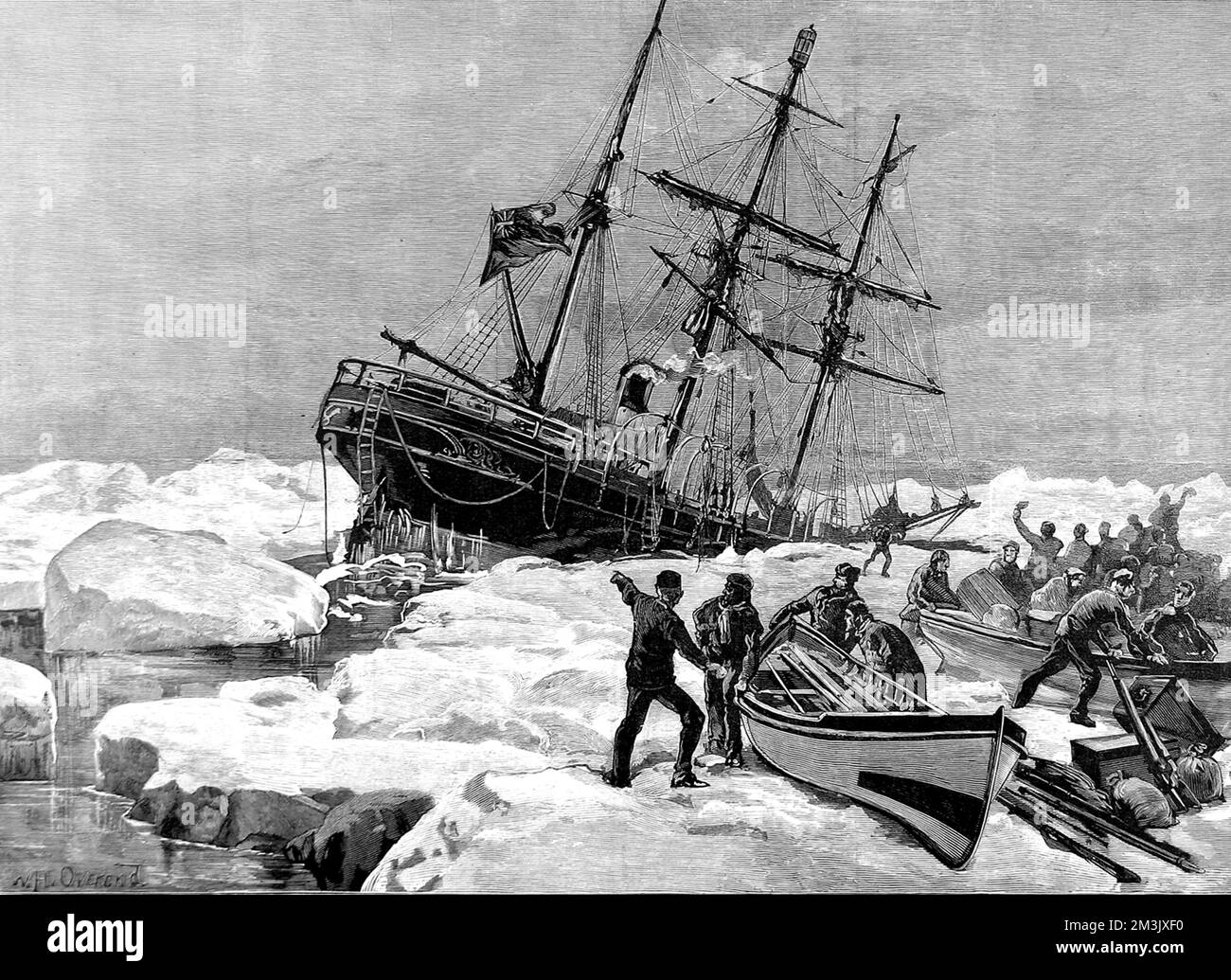 The yacht 'Eira', commanded by Benjamin Leigh Smith, crushed by the ice and sinking off Cape Flora, Franz Joseph Land, 21st August 1881.  Following the sinking the crew endured an epic journey to safety, dragging the ship's boats over ice for six weeks and sailing through a strong gale to try to reach Nova Zembla. They were rescued by Sir Allen Young in the ship 'Hope' at Matotchkin Strait, August 1882. Stock Photo