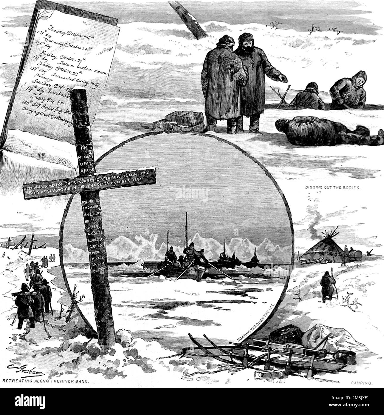 A team of survivors of the 'Jeannette' Arctic Expedition looking for their missing and dead comrades. This team, led by Chief Engineer Melville, found the bodies of Captain Delong and 12 others and erected the cross, at the Lena River Delta, in their memory.  In 1879, an US Navy crew, led by Lieutenant Commander George Washington Delong, embarked aboard the private yacht 'Jeannnette' in an attempt to sail to the North Pole. The 'Jeannette' entered the ice pack, near Wrangell Island, in September 1879 and then drifted north-west, surrounded by ice until June 1881.  On the 12th June, the  Stock Photo