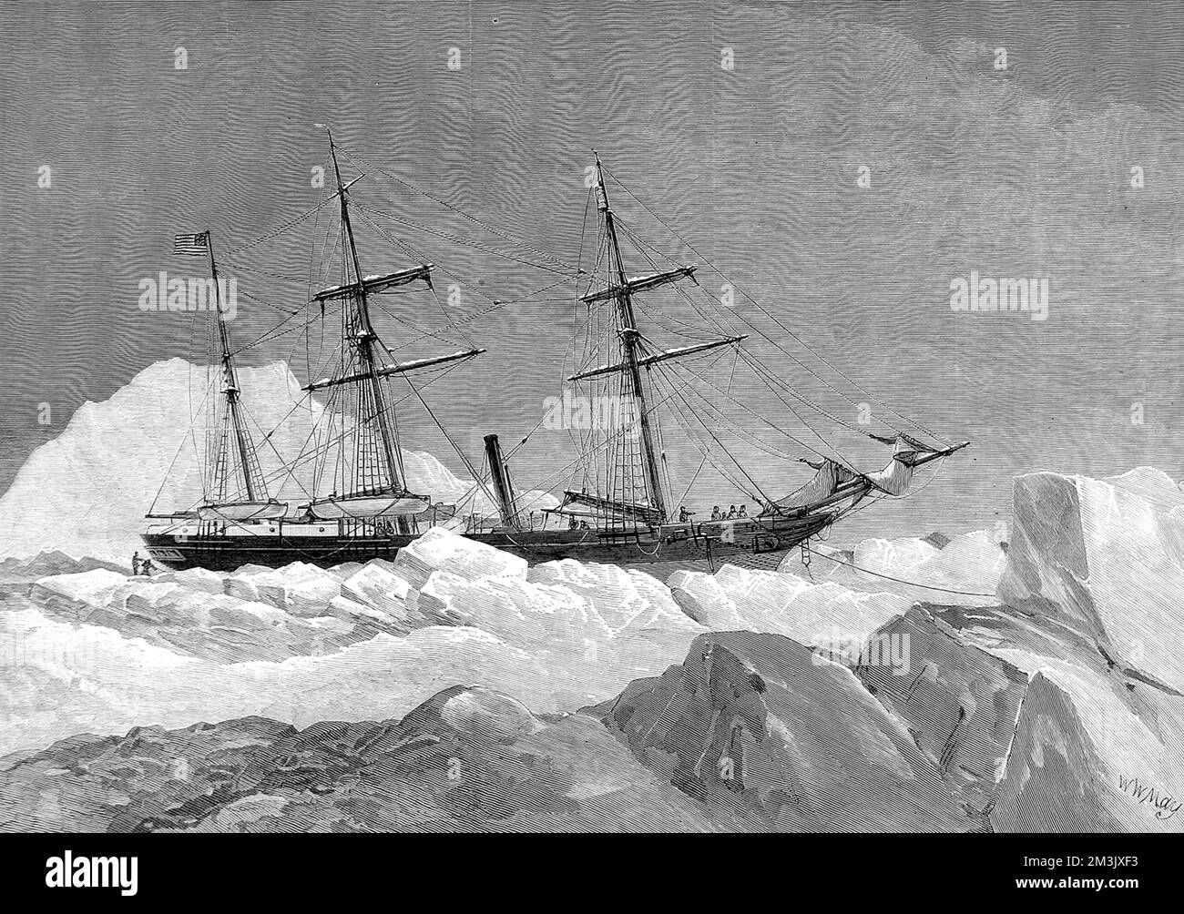 The yacht 'Jeannette' in the Arctic pack ice, during the expedition of 1879-1881.   An US Navy crew, led by Lieutenant Commander George Washington Delong, embarked aboard the private yacht 'Jeannnette' in 1879 in an attempt to sail to the North Pole. The 'Jeannette' entered the ice pack, near Wrangell Island, in September 1879 and then drifted north-west, surrounded by ice until June 1881.  On the 12th June 1881, the 'Jeannette' was crushed by the ice and sank, leaving its crew 700 miles from the nearest human habitation, at the Lena River Delta, Siberia. The crew of the 'Jeannette' Stock Photo
