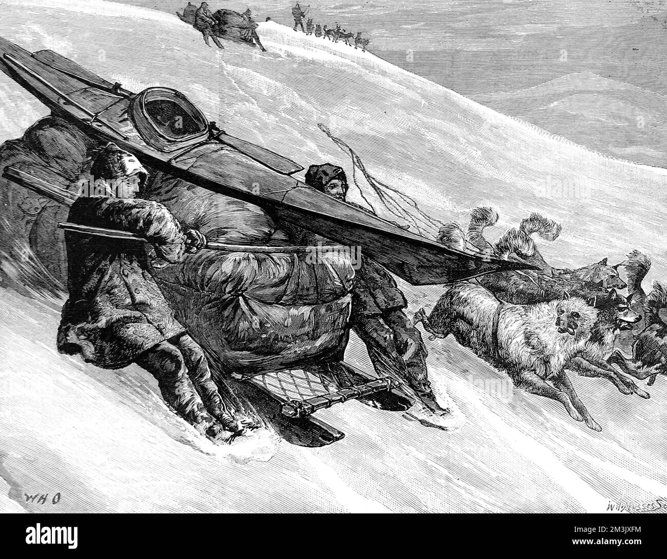 A sledge party of the American Franklin Search Expedition of 1878-1880, speeding down a steep slope, 15th April 1879. This expedition was one of many to search the Arctic for signs of Sir John Franklin's ill-fated Arctic expedition of 1845.  In 1845 the British Admiralty sent two polar exploration ships, HMS 'Erebus' and HMS 'Terror', to look for the Northwest passage round the northern coast of Canada. The expedition, commanded by Sir John Franklin, disappeared from view late in 1845 and none of the men were ever seen again.   In fact the ships made it to the King William Island region, Stock Photo