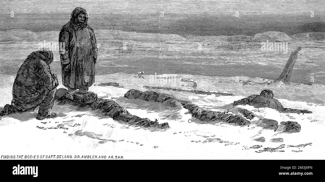 The bodies of Captain Delong, Dr. Ambler and another member, of the 'Jeannette' Arctic Expedition of 1879-1881, being found near the mouth of the Lena River, Siberia, 1882.   In 1879, an US Navy crew, led by Lieutenant Commander George Washington Delong, embarked aboard the private yacht 'Jeannnette' in an attempt to sail to the North Pole. The 'Jeannette' entered the ice pack, near Wrangell Island, in September 1879 and then drifted north-west, surrounded by ice until June 1881.  On the 12th June, the 'Jeannette' was crushed by the ice and sank, leaving its crew 700 miles from the nea Stock Photo