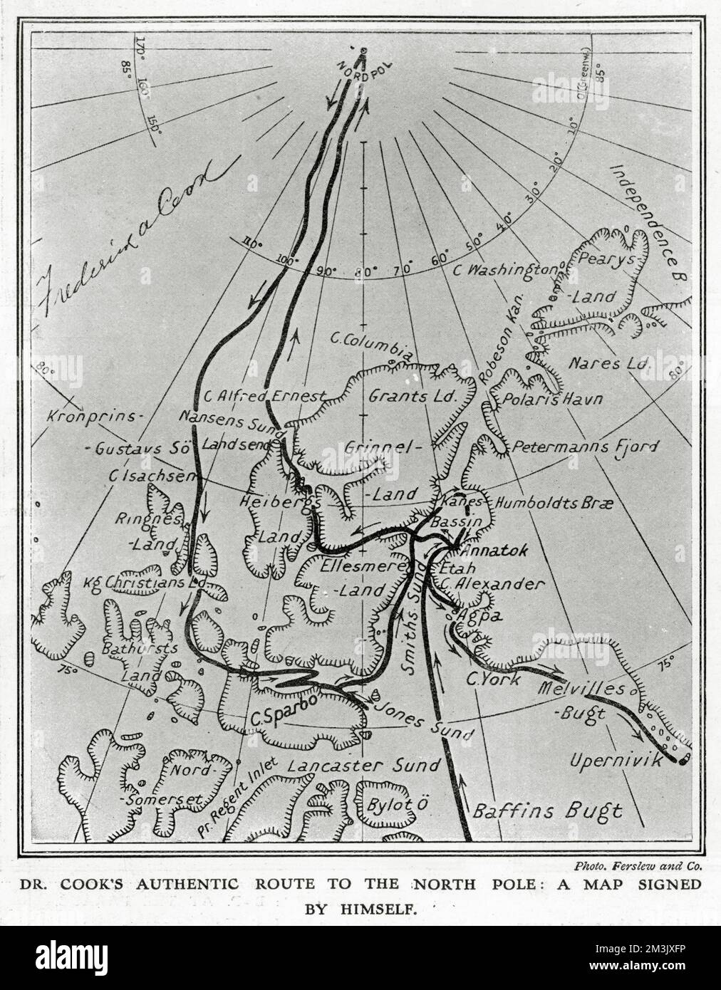 Map showing the route taken by Dr. Frederick A. Cook and his Inuit companions, Ah-welsh and Etukishook, to the North Pole, in 1907 - 1908. The chart has been signed by the Dr. Cook himself, at top left.  A debate has long raged over whether it was Cook or Peary who first reached the North Pole, but it seems that Dr. Cook had a good claim to be first. Stock Photo