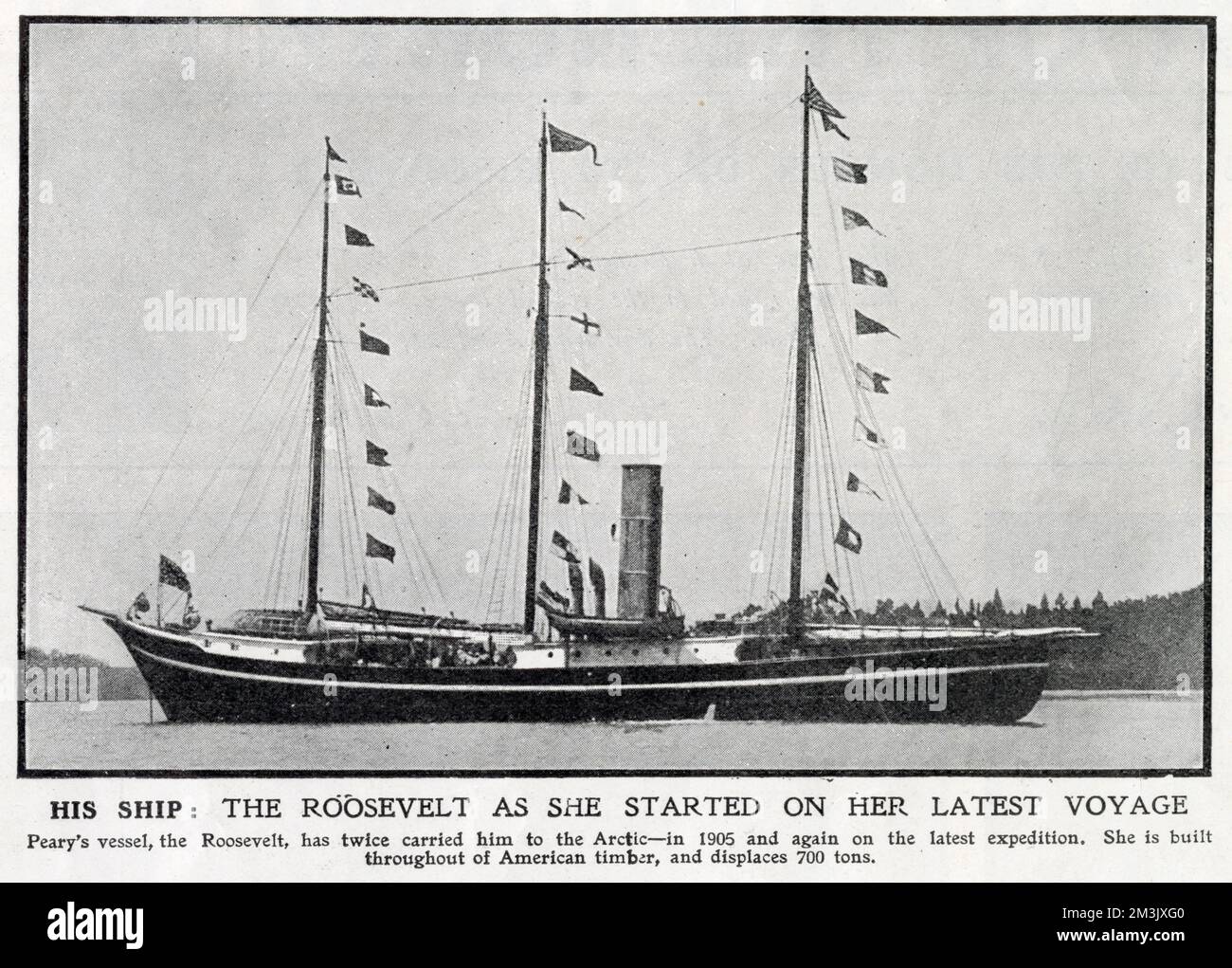 Steam-ship 'Roosevelt' departing for the Arctic at the beginning of Robert E. Peary's 1908-1909 North Pole Expedition. This 700 ton, polar exploration ship took Peary to Cape Sheridan on Ellesmere Island, from where he make his successful attempt to reach the North Pole. Stock Photo