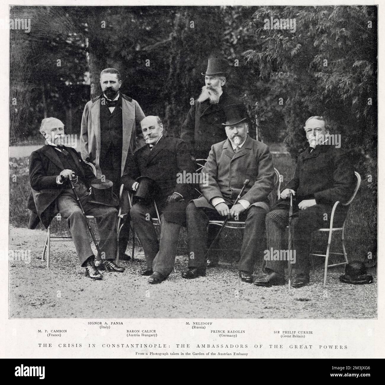 Ambassadors of the leading European powers, photographed in the garden of the Austrian Embassy, Constantinople (now Istanbul).  Those pictured are (from left to right) P. Cambon of France, A. Pansa of Italy, Baron Calice of Austria Hungary, M. Nelidoff of Russia, Prince Radolin of Germany and Sir Philip Currie of Great Britain. Stock Photo