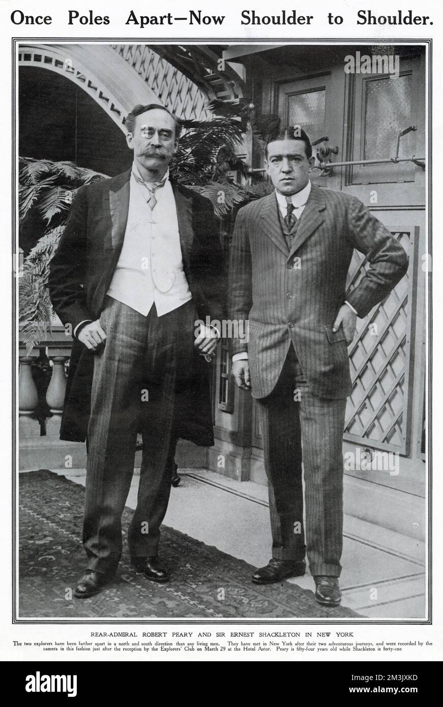 Robert E. Peary, the US naval commander and explorer (left), and Ernest Shackleton, the British explorer, meeting at the Hotel Astor, New York, 29th March 1910. The two men were photographed at a reception given by the Explorer's Club. Stock Photo