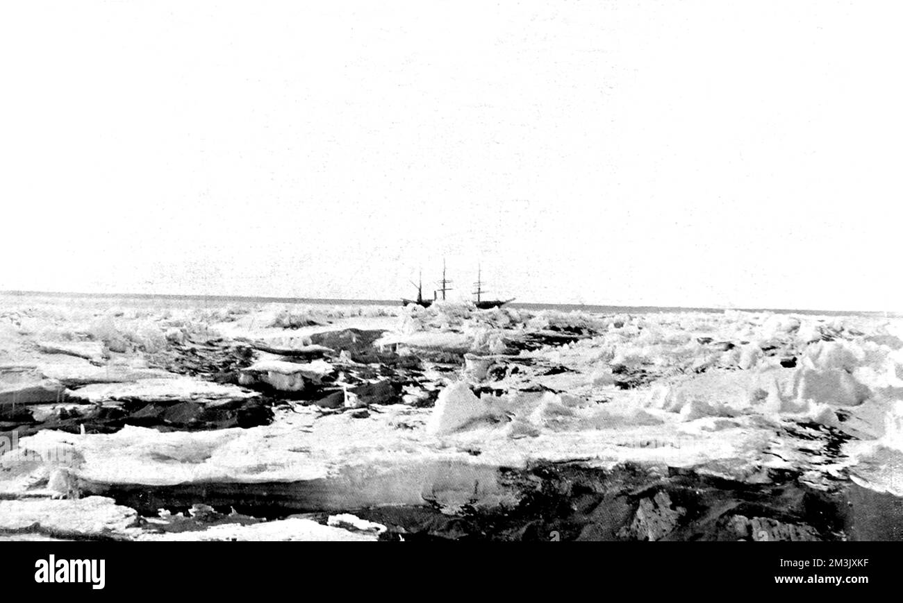 Photograph of Polar Research Ship 'Discovery', in the pack ice of McMurdo Strait, 7th February 1902.  'Discovery' was used during the National Antarctic Expedition of 1901-04.     Date: 1903 Stock Photo