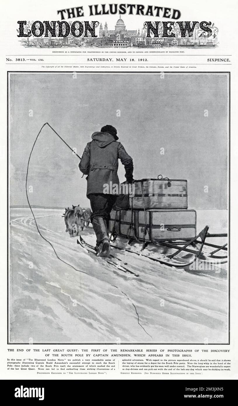 One of the members of Roald Amundsen's Antarctic Expedition of 1910-12, ski-ing beside his sledge on the way to the South Pole. A team of dogs can be seen in front of the man, pulling the sledge. Stock Photo