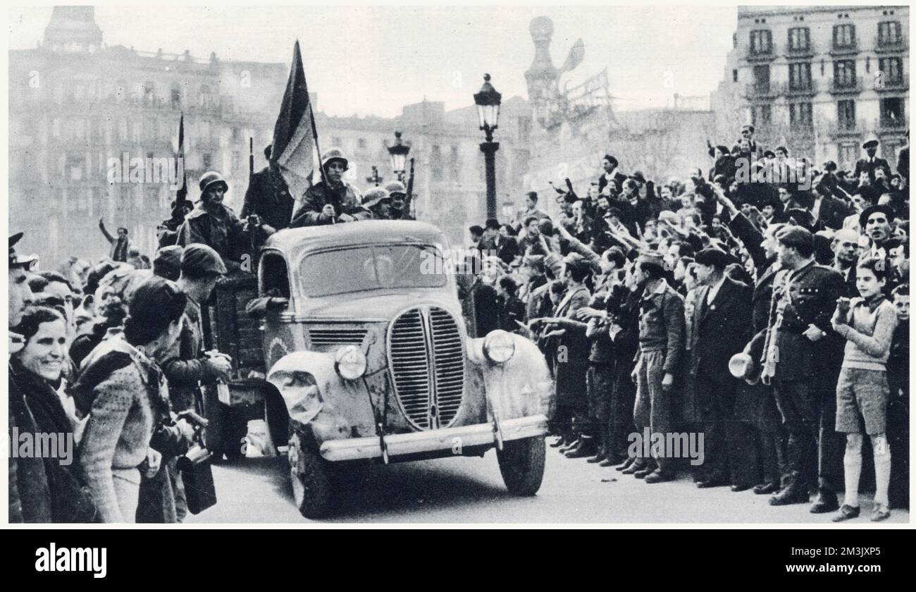 A unit of Franco's Nationalist Army, in a battered lorry, entering Barcelona. Although Barcelona had been a Republican stronghold for the previous three years of the Spanish Civil War, the crowd in this image can be seen welcoming the Nationalists with fascist salutes.     Date: 26th January 1939 Stock Photo