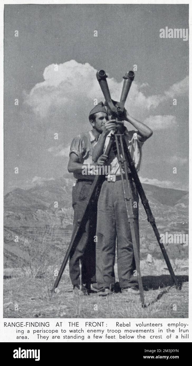 Two members of the Nationalist army using a rangefinder periscope to observe Republican troop movements; Spanish Civil War. Stock Photo