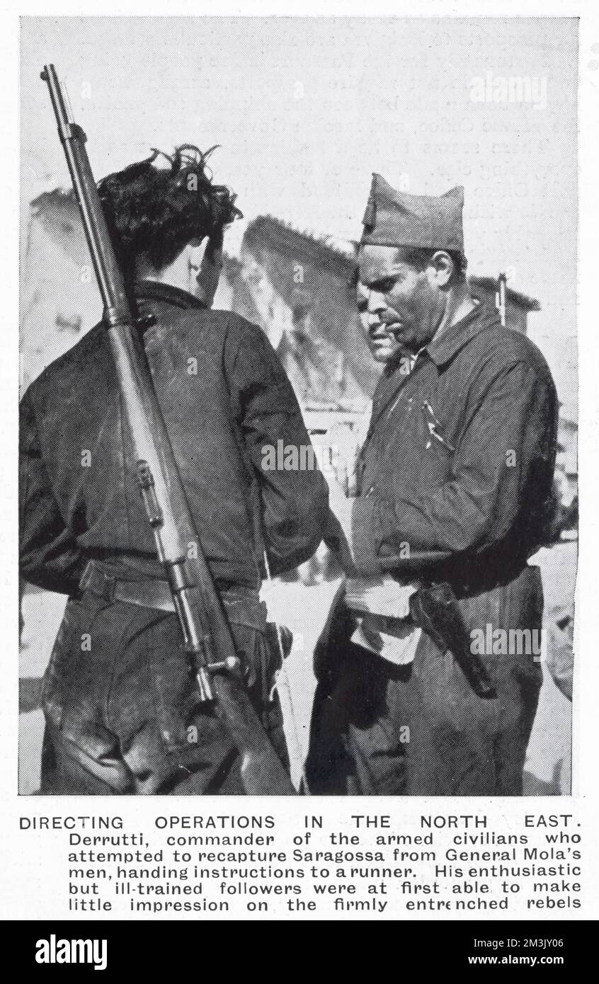 Buenaventura Durruti (1896 - 1936), commander of a Republican anarchist brigade during the Spanish Civil War, giving orders to a runner during the battle for Saragossa, 1936. Stock Photo