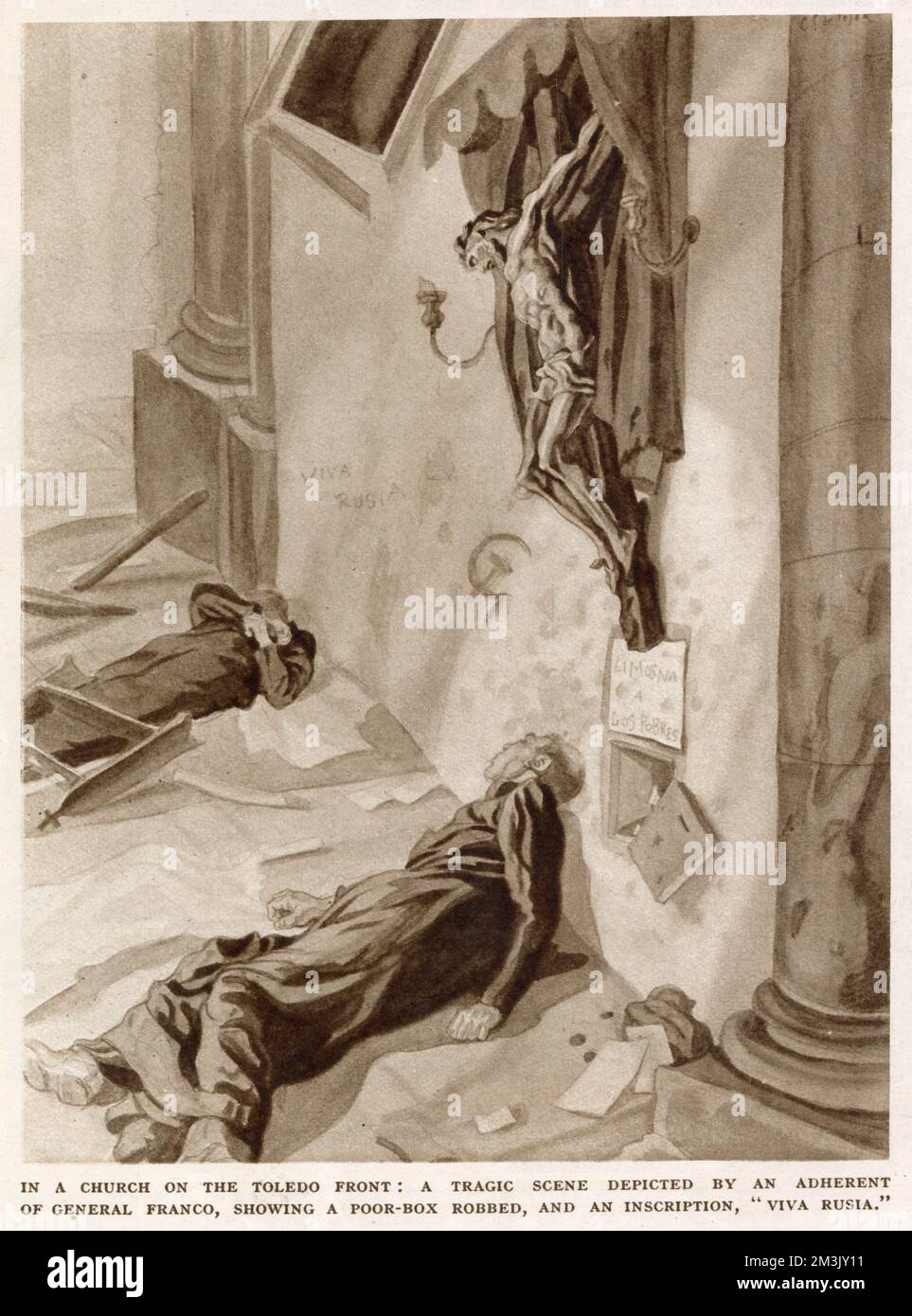 A scene in a church, with the priests dead and the poor-box robbed, during the Spanish Civil War. On the wall, a hammer and sickle motif and the legend 'Viva Russia' has been painted.  The Spanish Catholic Church supported the Nationalist rebels during the Civil War, which made atrocities such as this one, supposedly performed by the Republican socialists, more inevitable. Such images, whether true or not, were certainly used for propaganda purposes, both in Spain and abroad. Stock Photo