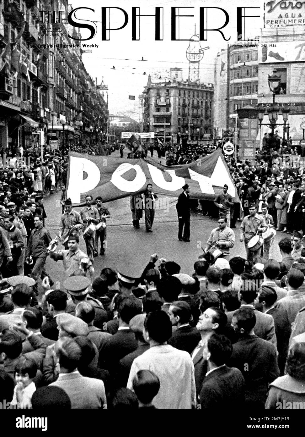 Photograph showing members of the Workers Party of Marxist Unification (POUM) marching along one of the avenues of Barcelona, during the early stages of the Spanish Civil War, 1936.     Date: 1936 Stock Photo