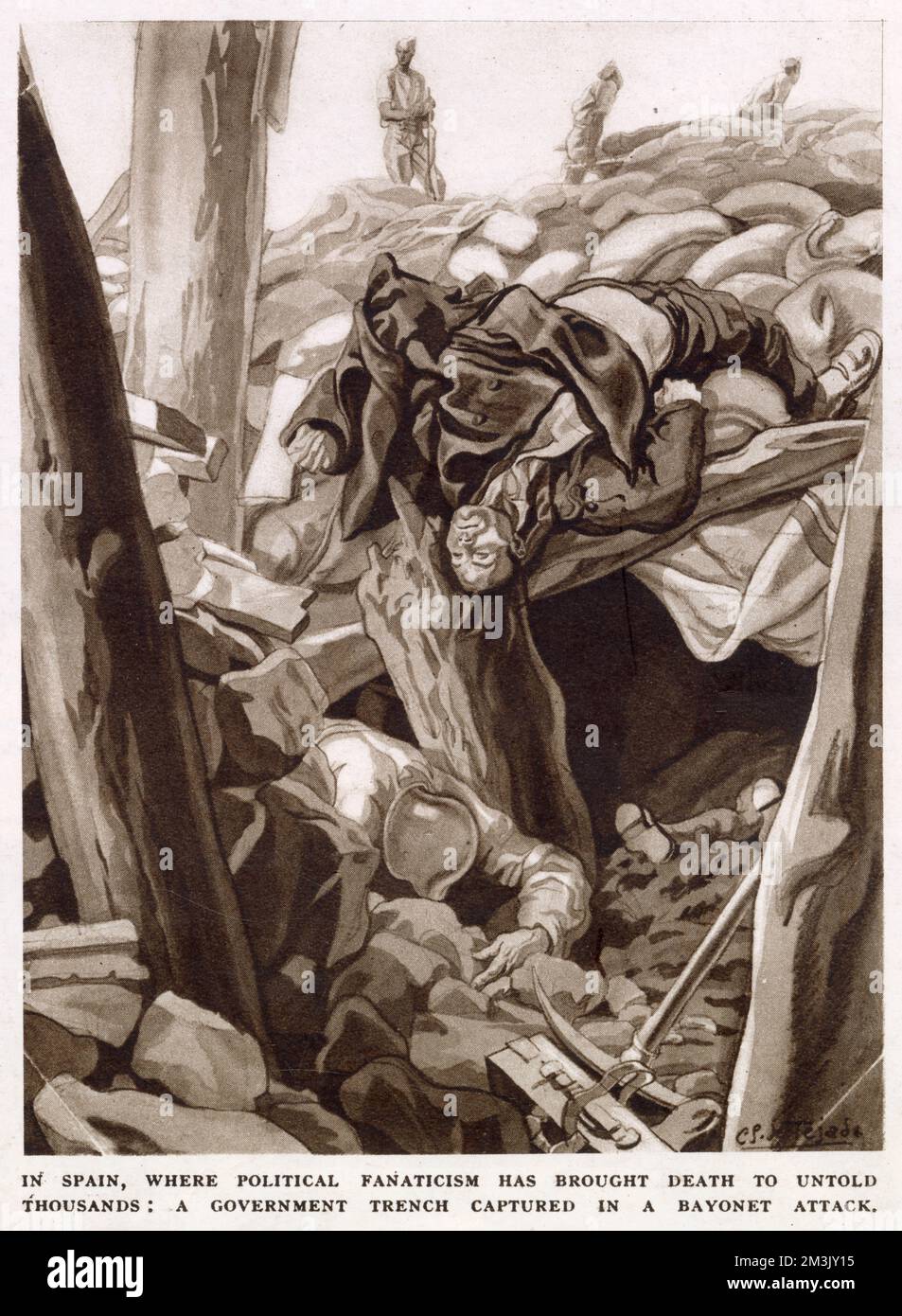 Two dead Republican soldiers in their trench, which had just been captured by Nationalist forces in fierce hand-to-hand combat; Spanish Civil War.  This illustration was made by an artist attached to the Nationalist forces and sympathetic to their cause. Stock Photo