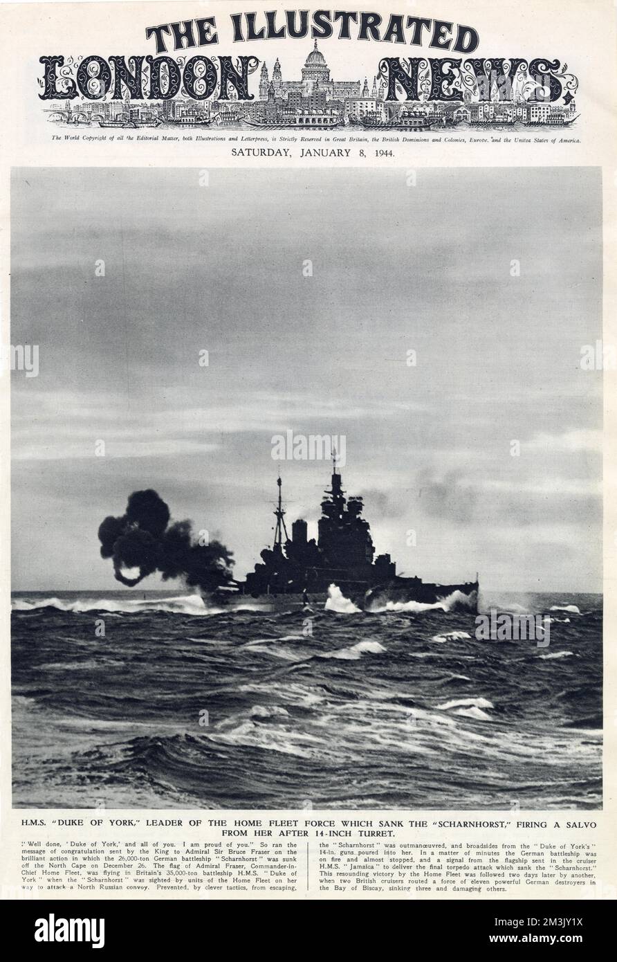 The Royal Navy battleship HMS 'Duke of York' firing a salvo from her after turret in 1943.   The 'Duke of York', launched in 1940, served throughout the remainder of the Second World War, taking part in the sinking of the German battlecruiser 'Scharnhorst' at the Battle of North Cape, 1943. She was scrapped at Faslane, Scotland, in February 1958. Stock Photo