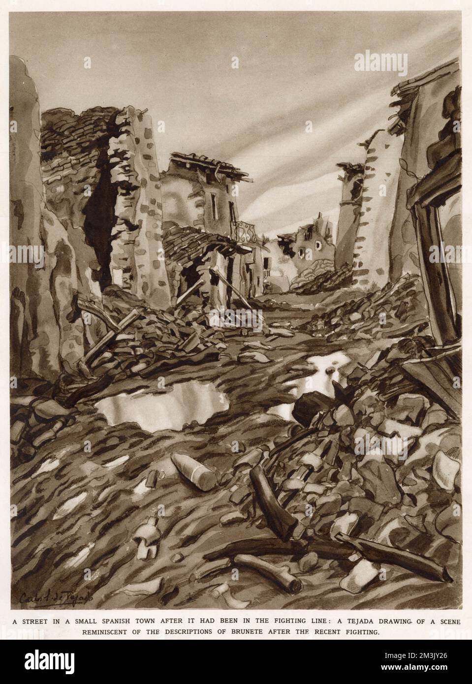 A small war-torn town during the Spanish Civil War, 1937. This illustration was made by an artist attached to Nationalist forces and may be a view of Brunete, which was the scene of extremely heavy fighting in July 1937. Stock Photo