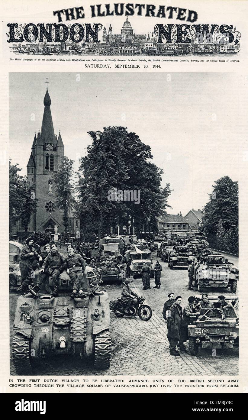 Advance units of the British Second Army in the Dutch village of Valkenswaard, September 1944. This was the first settlement in Holland to be liberated.  In the foreground one can see a Sherman tank and a motorcycle despatch rider and, on the right, a column of armoured cars. Stock Photo