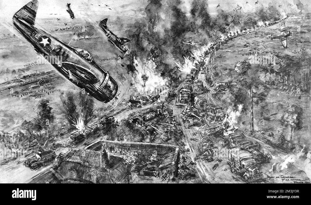 'Thunderbolts' and 'Lightning' of the US Air Force attacking a column of German vehicles attempting to escape from the 'Falaise Pocket', France, August 1944.   The German Fifth Army and Seventh Panzer Army were encircled by Allied forces in the early part of August, then dealt a serious defeat as they attempted to escape.  This illustration was drawn by the Illustrated London News artist, Captain Bryan de Grineau, was in France with the US Ninth Air Force at the time.     Date: 1944 Stock Photo