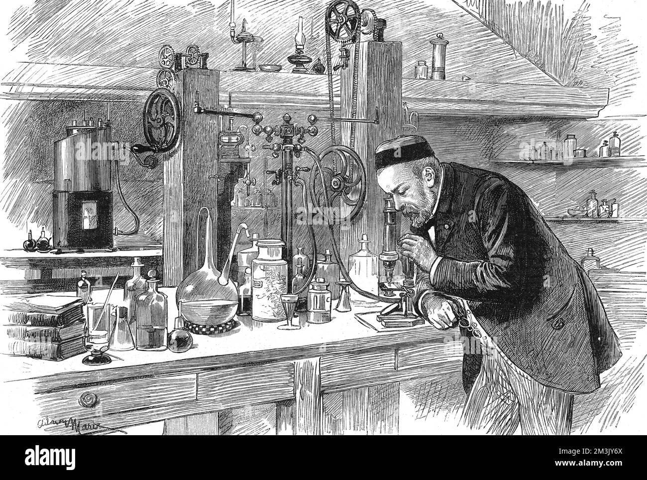 Louis Pasteur (1822 - 1895), studied chemistry under Delafosse. He discovered the nature of the fermentation and went on to research his germ theory of disease. He demonstrated that vaccinating cattle with strains of anthrax protected them against infections from subsequent inoculations. He used this theory in the treatment against rabies.  1885 Stock Photo