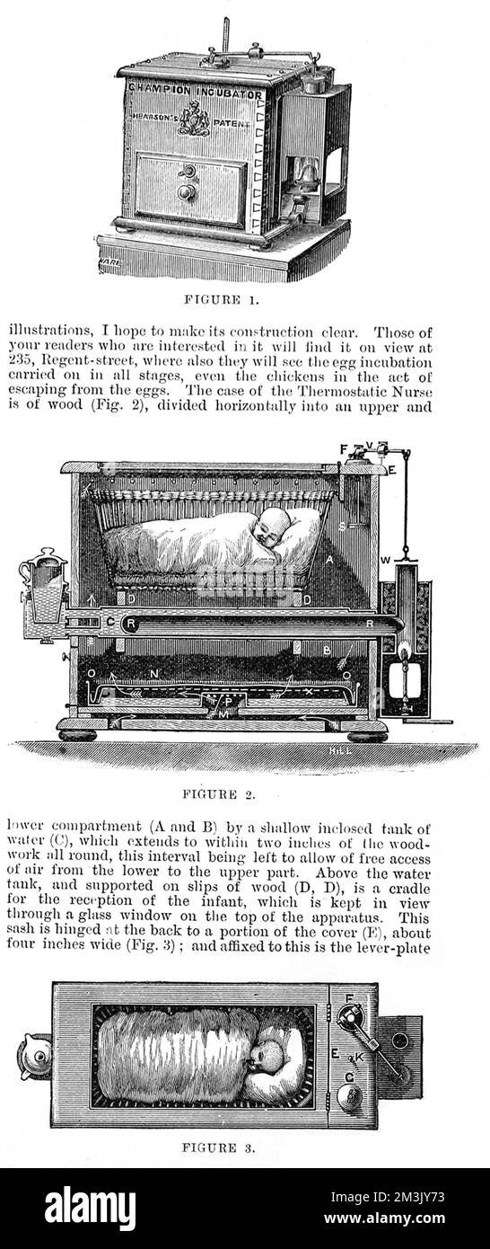 Illustrations of a Thermostatic Nurse, an invention by Mr Hearson. The tank was separated into two compartments; in the lower, a shallow tank of water was used to moisten and heat the air. The incubator worked with oil or gas and cost œ6 for one infant and œ10 for a double tank for two infants. Stock Photo