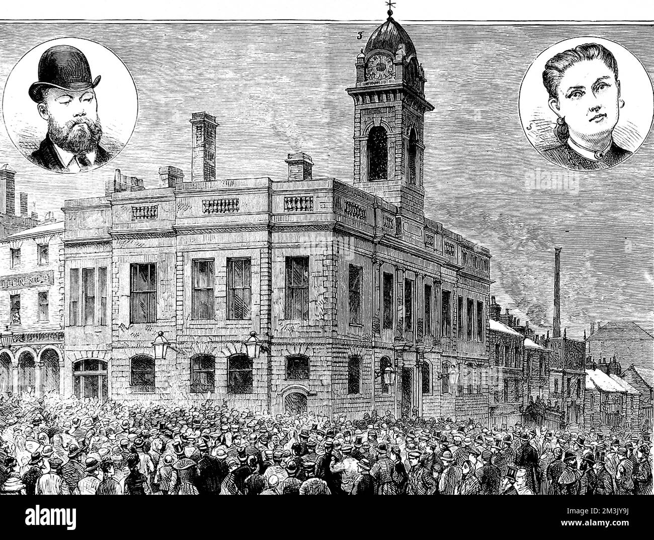 Scene as the prisoner, Charles Peace, arrives at the Town Hall, Sheffield. Pictured in the top left corner is Sergeant Robinson, the policeman who captured Peace and top right is Mrs Dyson, who had an affair with Peace.  Charles Peace was an infamous cat burglar and murderer who managed to evade arrest for an astonishing twenty years. Over this period Peace killed two policemen and the husband of a Mrs Dyson, with whom he had once had an affair. He was arrested for the attempted murder of a policeman, for which he gave a false name, but he was recognised and charged for all his crimes. With a Stock Photo