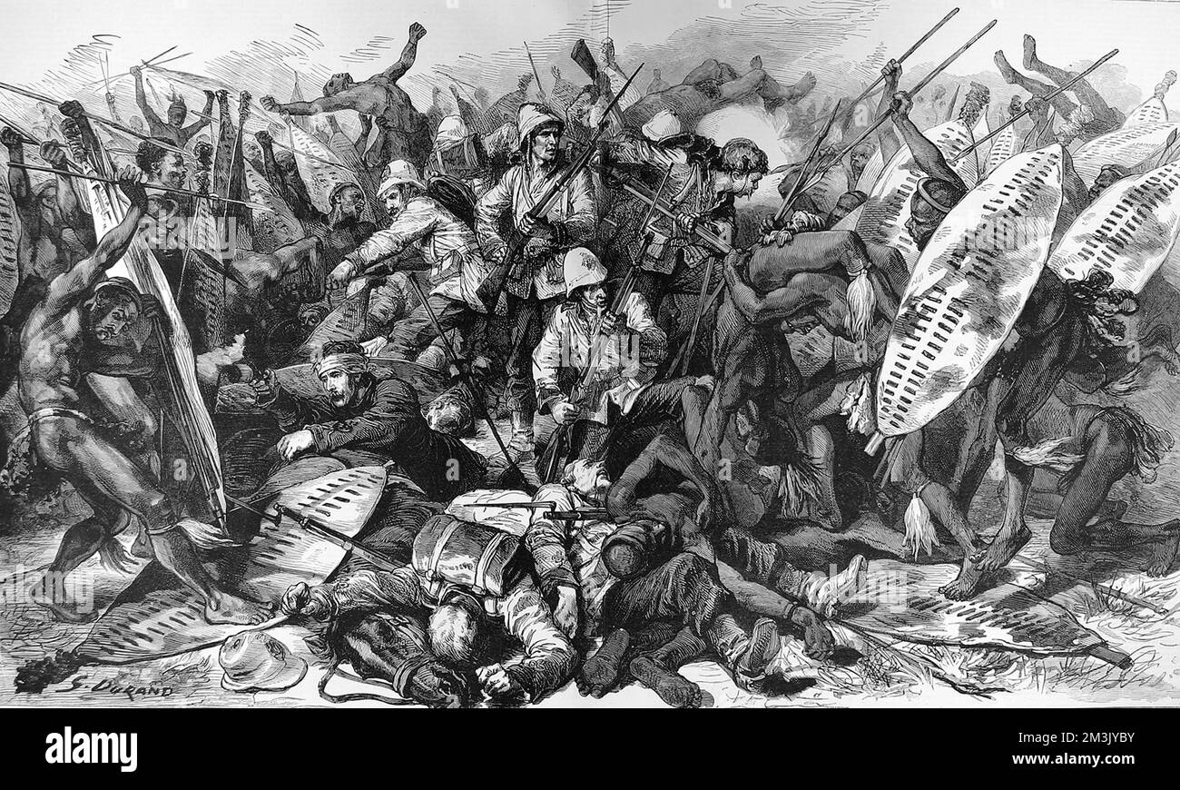 The last order we heard given was Fix bayonets, men, and die like English soldiers do', and so they did'. Extract from a letter from a survivor.  Depiction of the carnage at the Battle of Isandhlwana, the great Zulu victory of the war against the British.     Date: 1879 Stock Photo