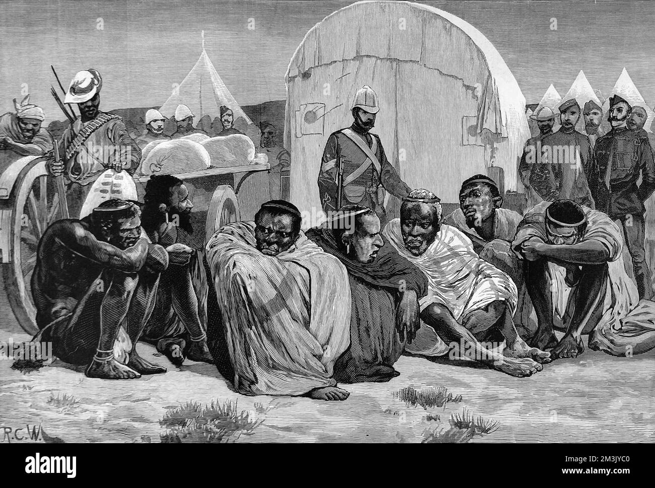Zulu elders seated in the British army camp waiting to negotiate the end of hostilities in the Zulu wars. British troops and tents are seen in the background.     Date: 1879 Stock Photo