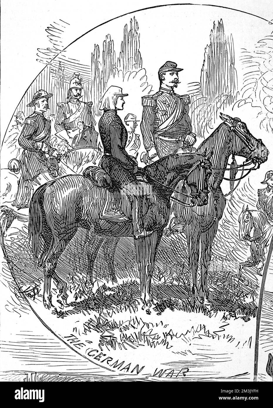 As a young man observing the Franco-Prussian war with his father. The Prince Imperial is shown on horseback, in uniform, with his father Louis Napoleon.     Date: 1879 Stock Photo