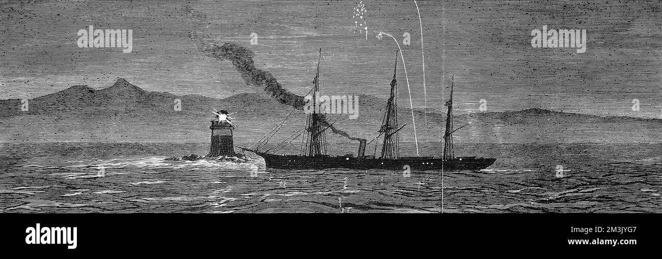 The transport steamer, 'City of Paris', striking on the Roman Rocks, False Bay, Cape of Good Hope, March 21st 1879.  The steamer, transporting British reinforcements, the Royal Scots Fusiliers, for the Zulu war, ran aground after a storm.     Date: 1879 Stock Photo