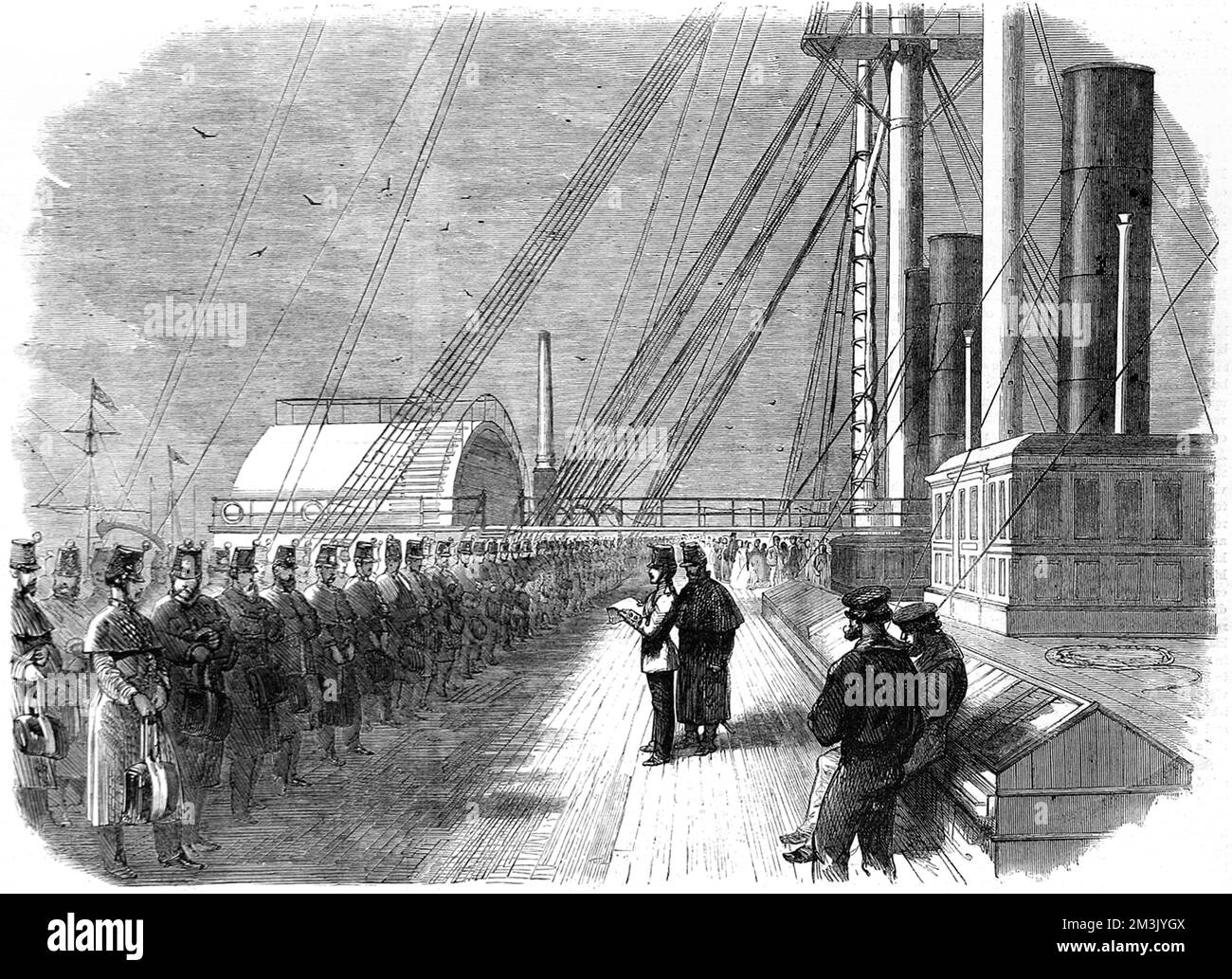 Ranks of troops onboard the ship the 'Great Eastern', capable of carrying 10,000 men. The troops were making their way to North America to reinforce the British presence in Canada.  1861 Stock Photo