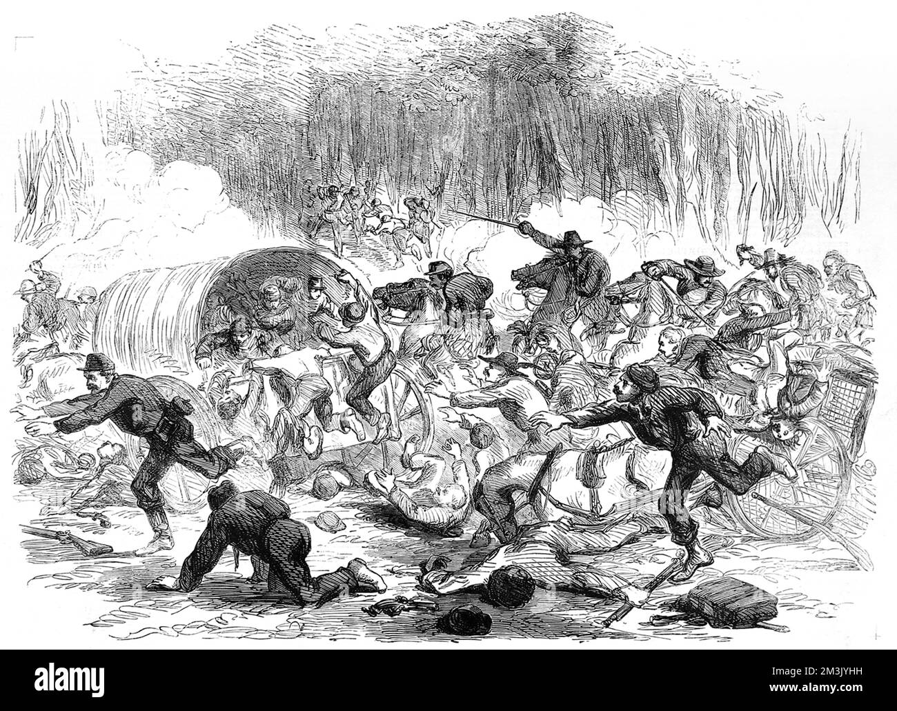 The end of the first Battle of Bull Run, showing Unionists retreating after losing the battle, which took place on July 21st 1869.     Date: 1861 Stock Photo