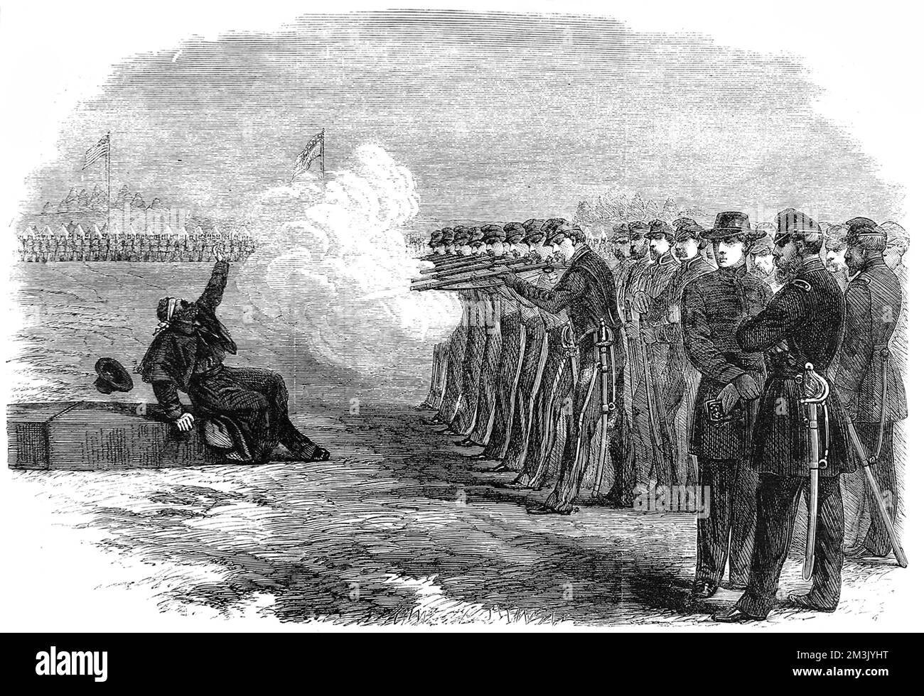Firing squad shooting a blindfolded Federal soldier for desertion during the American Civil War.     Date: 1862 Stock Photo