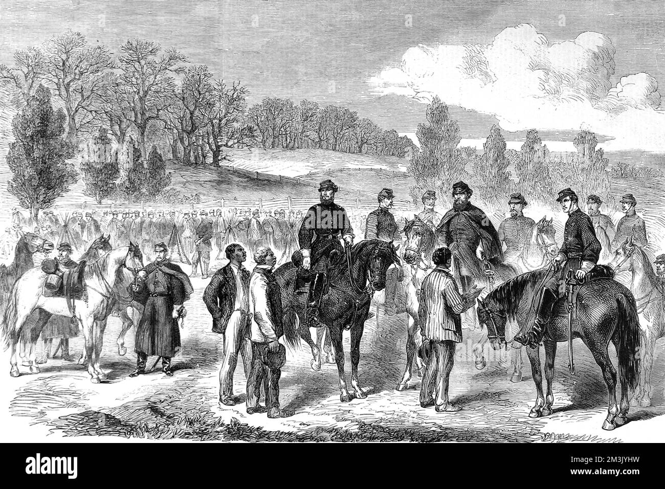 General Stoneman, accompanied by the Comte de Paris and the Duc de Chartres, on a reconnaissance expedition to Cedar Run. The peninsular Campaign began when McLellan's Army of the Potomac advanced from Washington down the Potomac River to the south peninsular and Richmond, Virginia.     Date: 1862 Stock Photo