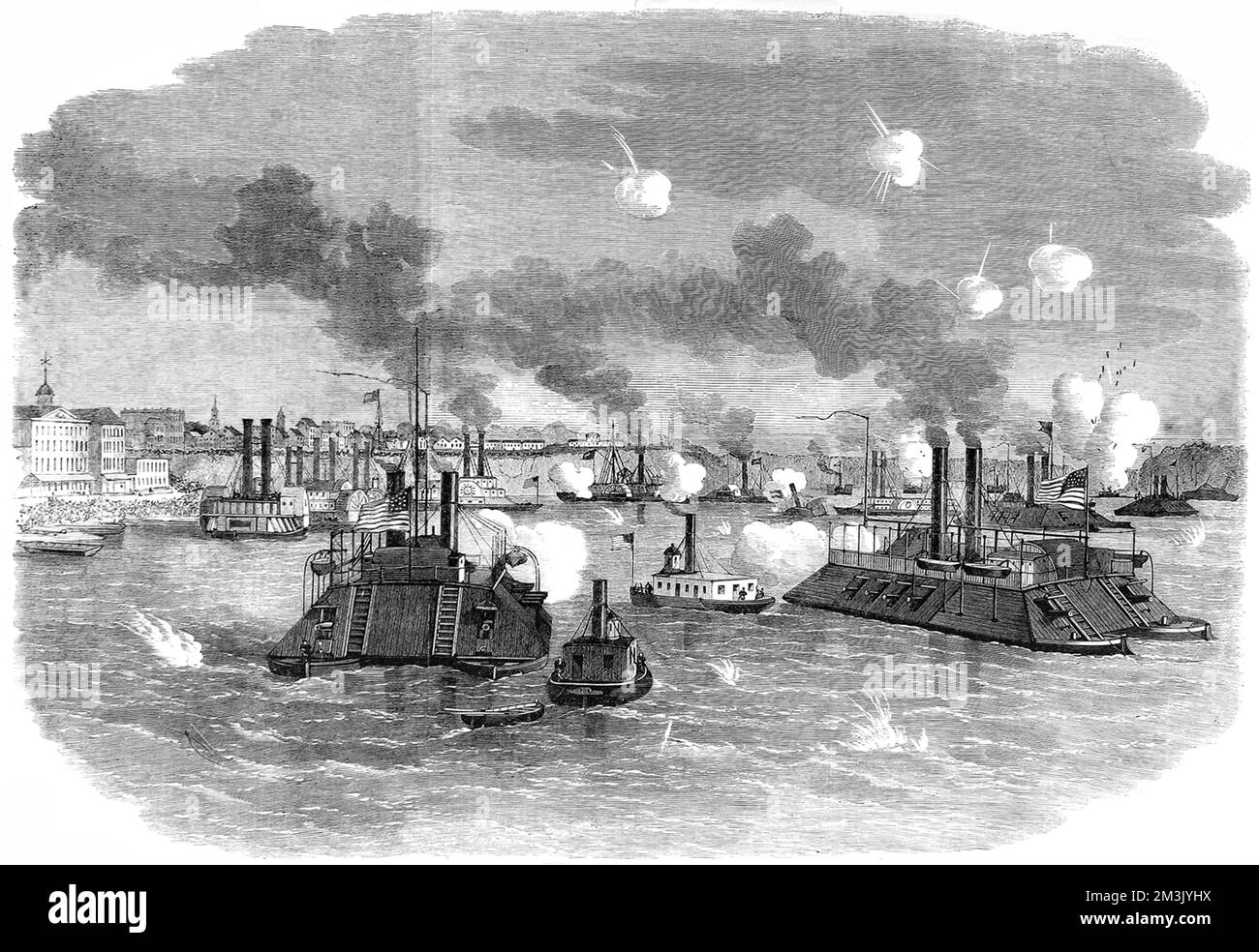 Union ships under the command of Flag Officer David Farragut moving up the Missippi river to take New Orleans, the biggest Confederate port.     Date: 1862 Stock Photo
