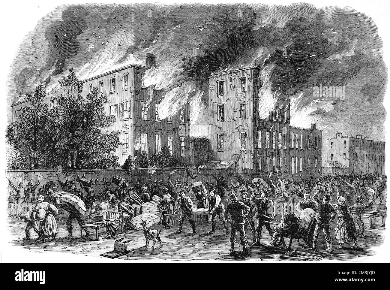 Destruction of the coloured orphan asylum. Anti-draft riots in New York caused at least 120 deaths and $2 million worth of damage. Returning soldiers from the Battle of Gettysburg put down the disturbances.  1863 Stock Photo