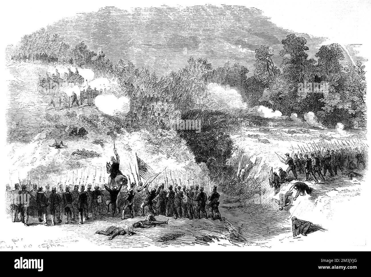 Attack on the Confederate batteries at Bull Run by the 27th and 14th New York regiments. The battle of Bull Run was the first major battle of the civil war, seen here from the Confederate side. The Confederates forced the Unionists to withdraw to Washington.     Date: 1861 Stock Photo