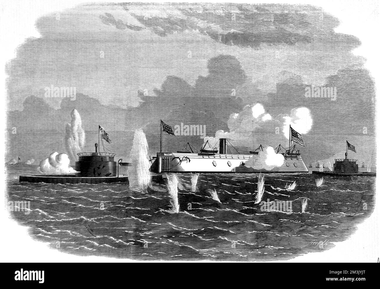 The ironclad frigate 'New Ironsides' and two Ericsson batteries going into action at Charleston.     Date: 1863 Stock Photo