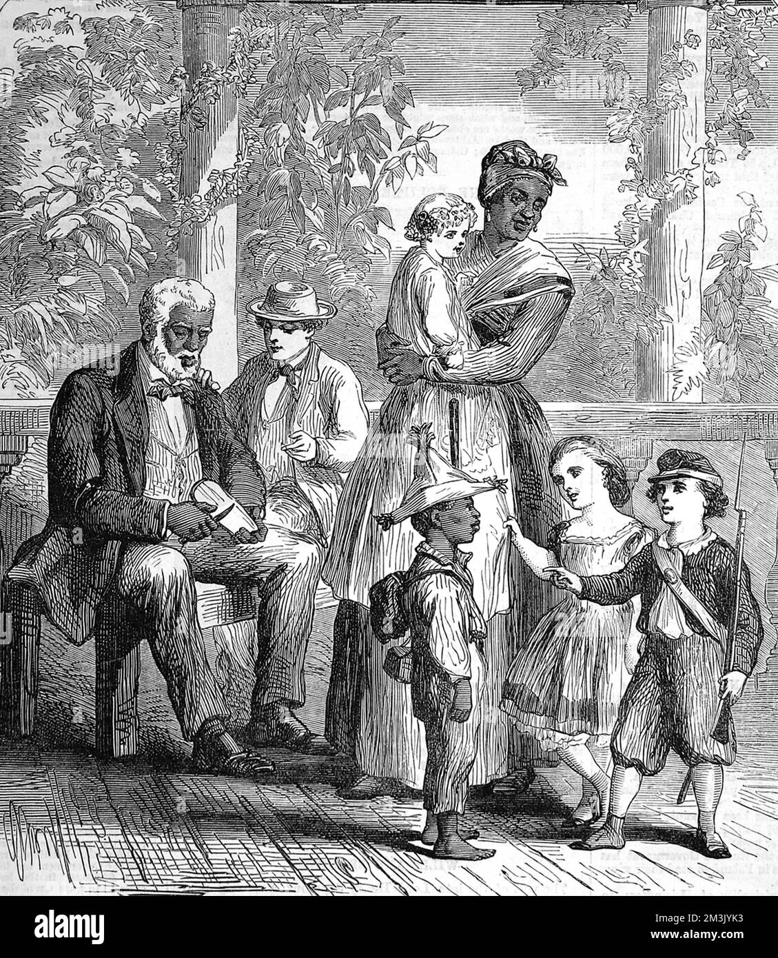 A planter's residence on the Cumbee River, South Carolina representing an idyllic picture of the black slaves' existence. It shows a black nanny looking after several white children, with her own black son playing alongside.  The white son is in Confederate uniform.  A well-dressed elderly black man is carving a small piece of wood.     Date: 1863 Stock Photo