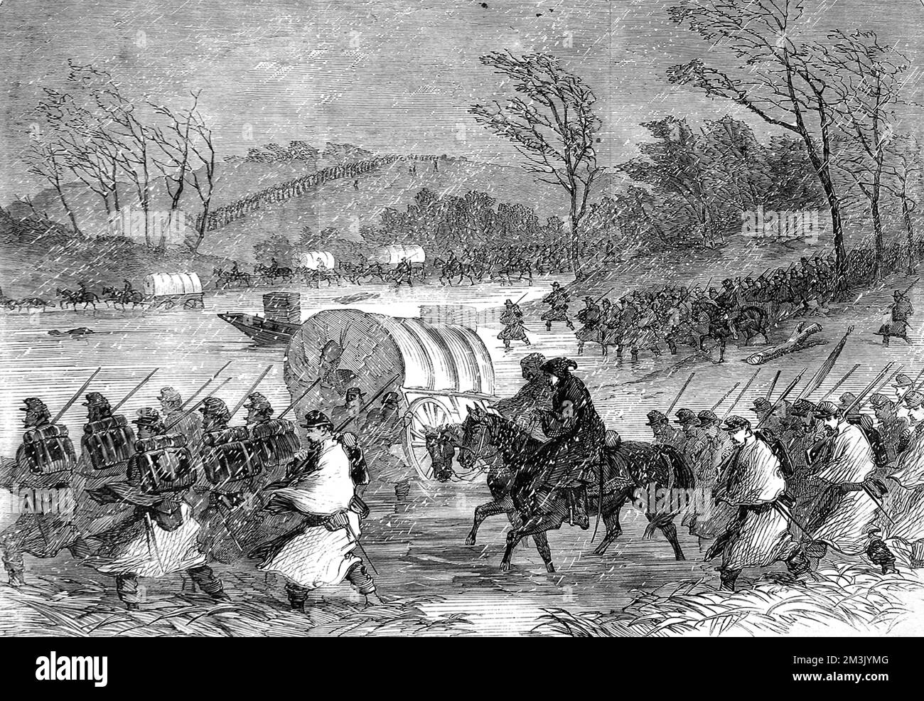 Unsuccessful attempt of the Army of the Potomac to cross the Rappahannock on the 20th January 1863.  The Unionists are seen here crossing the Rappahannock river with difficulty in blizzard conditions. It took them months and a 6 week siege to take Vickburg from the Confederates.     Date: 1863 Stock Photo
