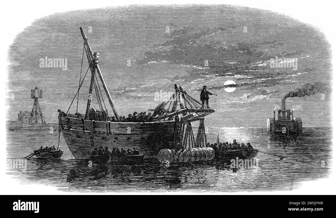Engraving showing the moonlit scene as Confederate troops laid torpedoes in the main channel of Charlestown Harbour during the American Civil War.     Date: 1863 Stock Photo