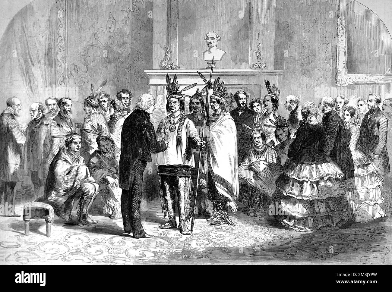 The President of the United States, James Buchanan, welcoming warring factions of American Indians into the White House, 1858. Representatives of the Pawnee and Poncas tribes were induced to shake hands by Buchanan. Stock Photo