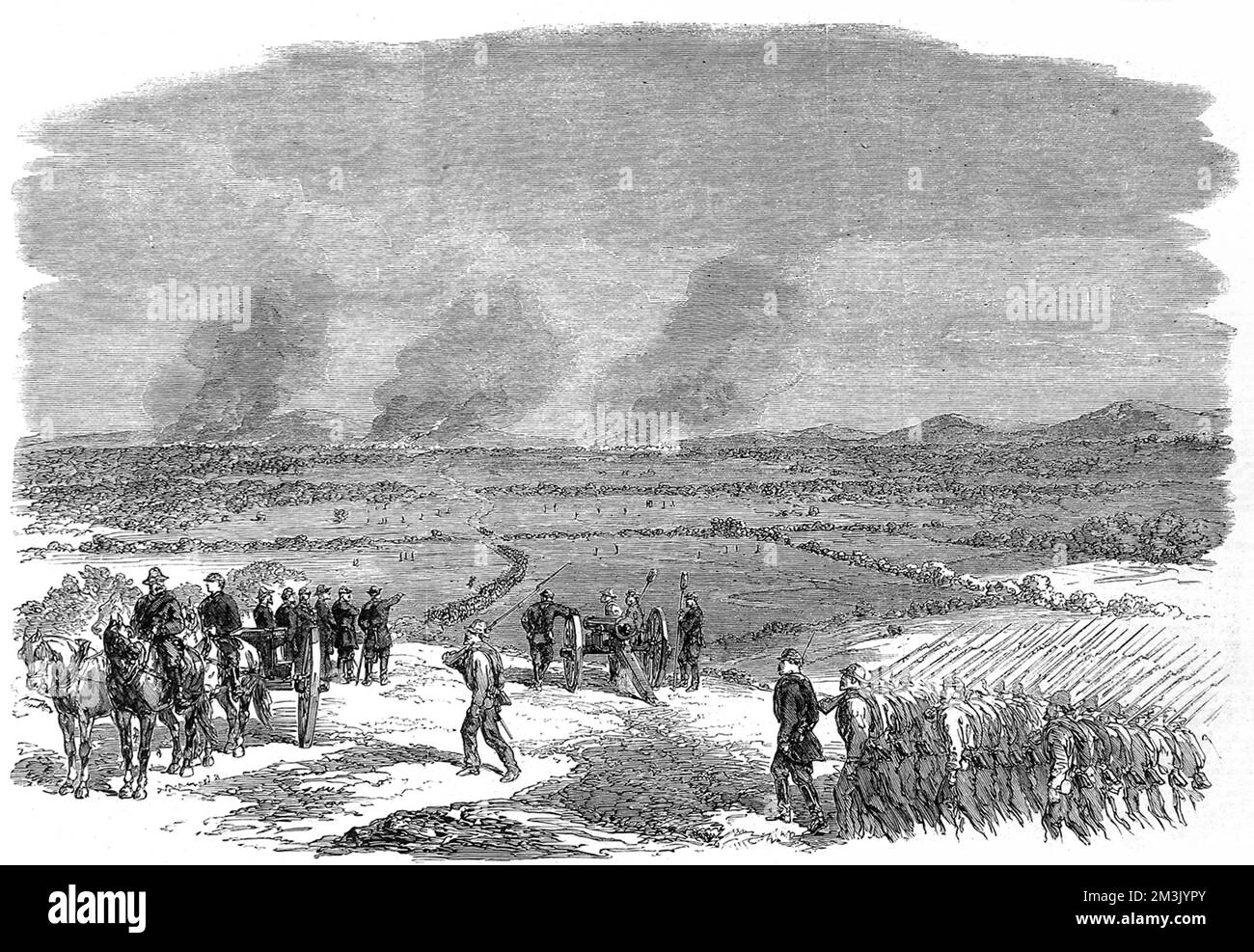 Illustration showing the march of Kershaw's and Fitz Lee's Confederate divisions up the valley of Virginia, to gather for the battle of Shanandoah Valley.  The battle was won by General Sheridan's Federal army.     Date: 1864 Stock Photo